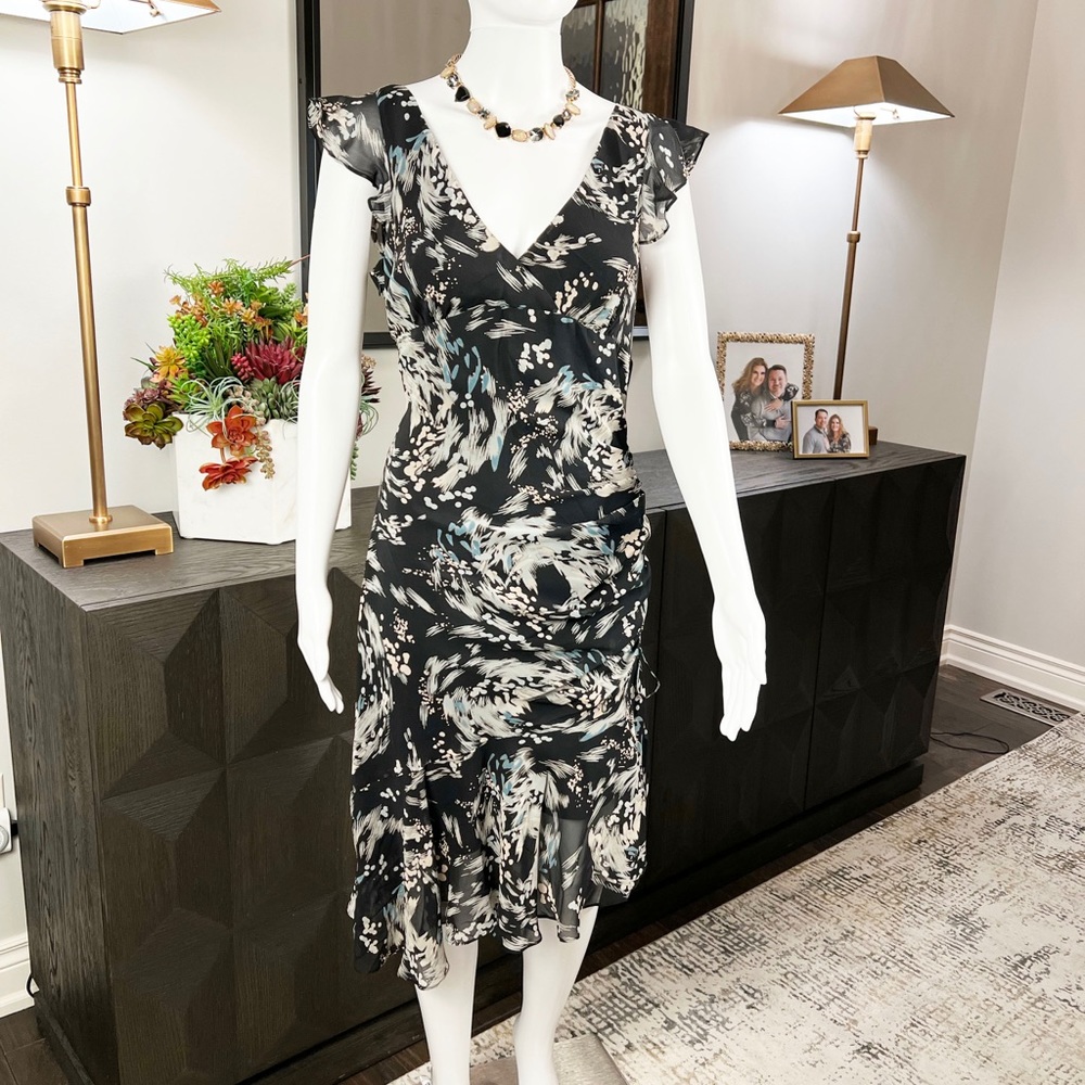 BCBG Maxazria Black And Cream Print Silk Dress